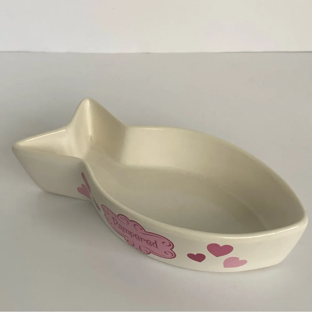 Cat Bowl Fish Shaped Ceramic “Pampered” White Pink. 8” Long Water Food Kitty